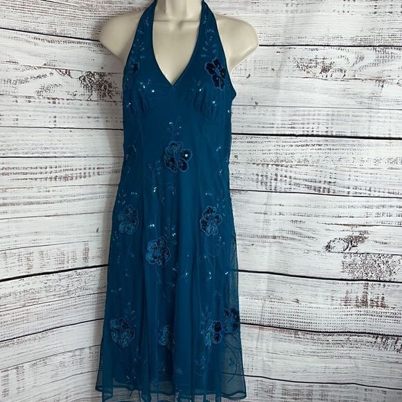 Vintage Newport News Dress Womens Halter y2k 90s embroidered sequin Fairy Teal - Picture 3 of 12